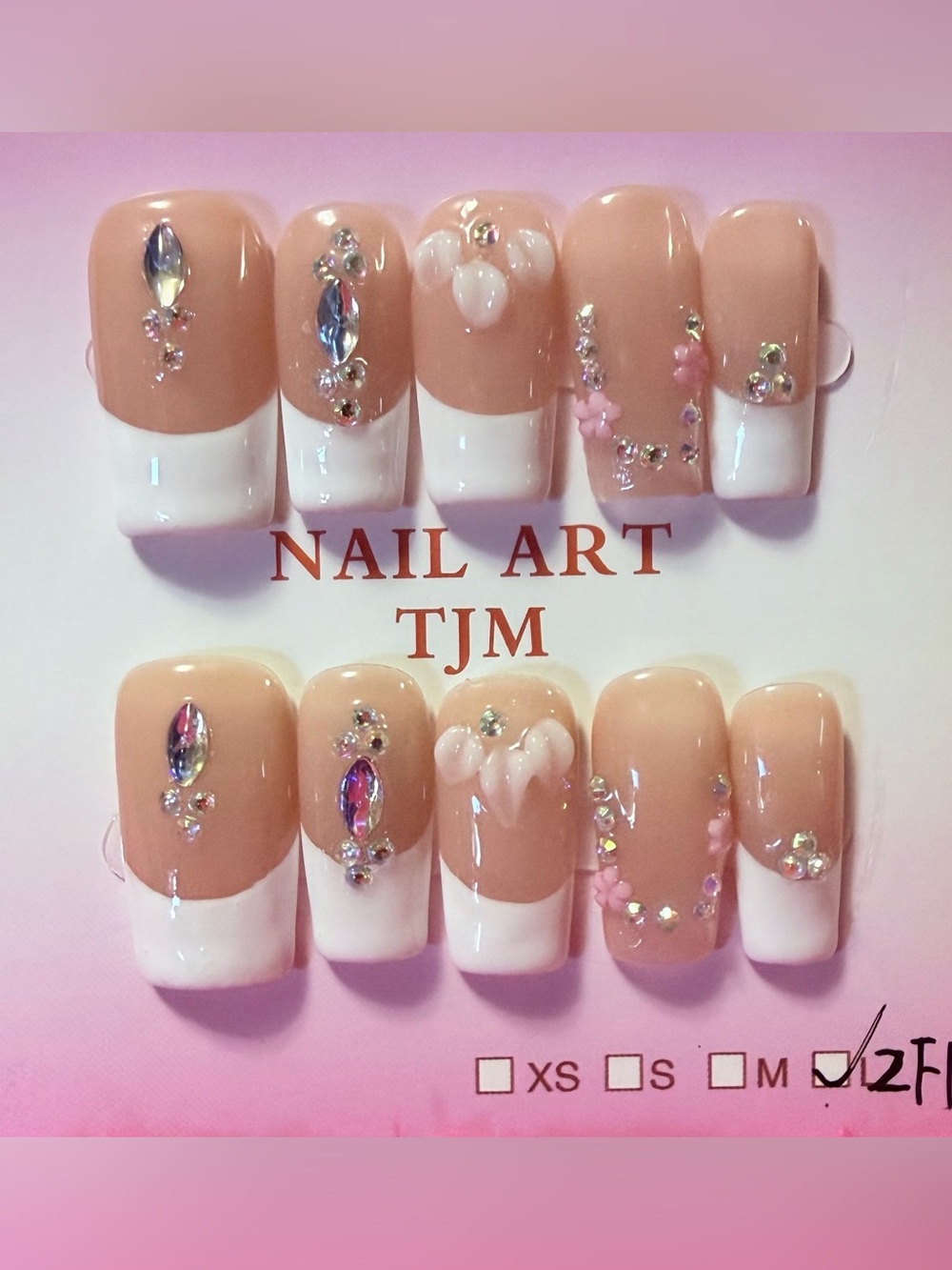 Nude Pink French Tip Nail Art Set with Rhinestones